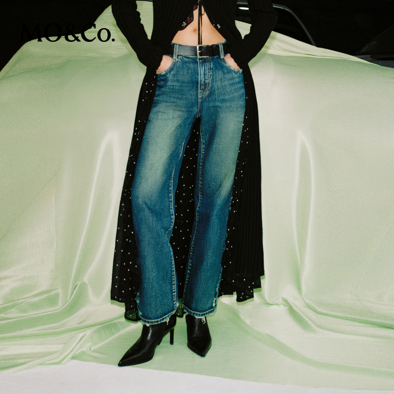 【陈嘉尔专属】MOCO春洗水深蓝破洞九分直筒高腰牛仔裤MBD1JENT08