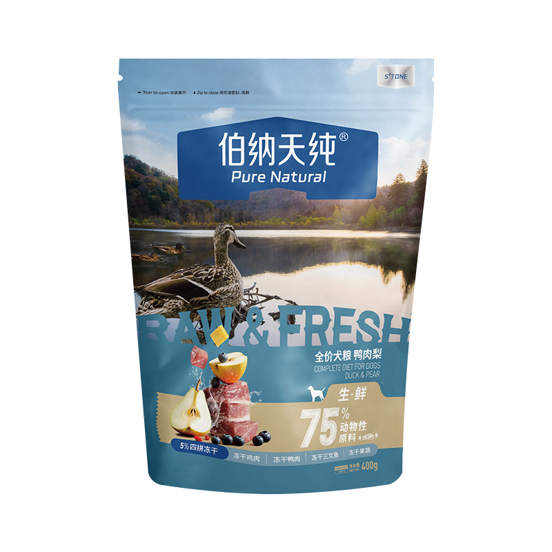 【新品】伯纳天纯生鲜犬粮新升级鸭肉梨冻干粮清火成犬粮400g
