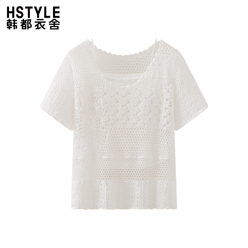 韩都衣舍温柔胸垫吊带背心内搭打底女钩花镂空短袖针织衫两件套女