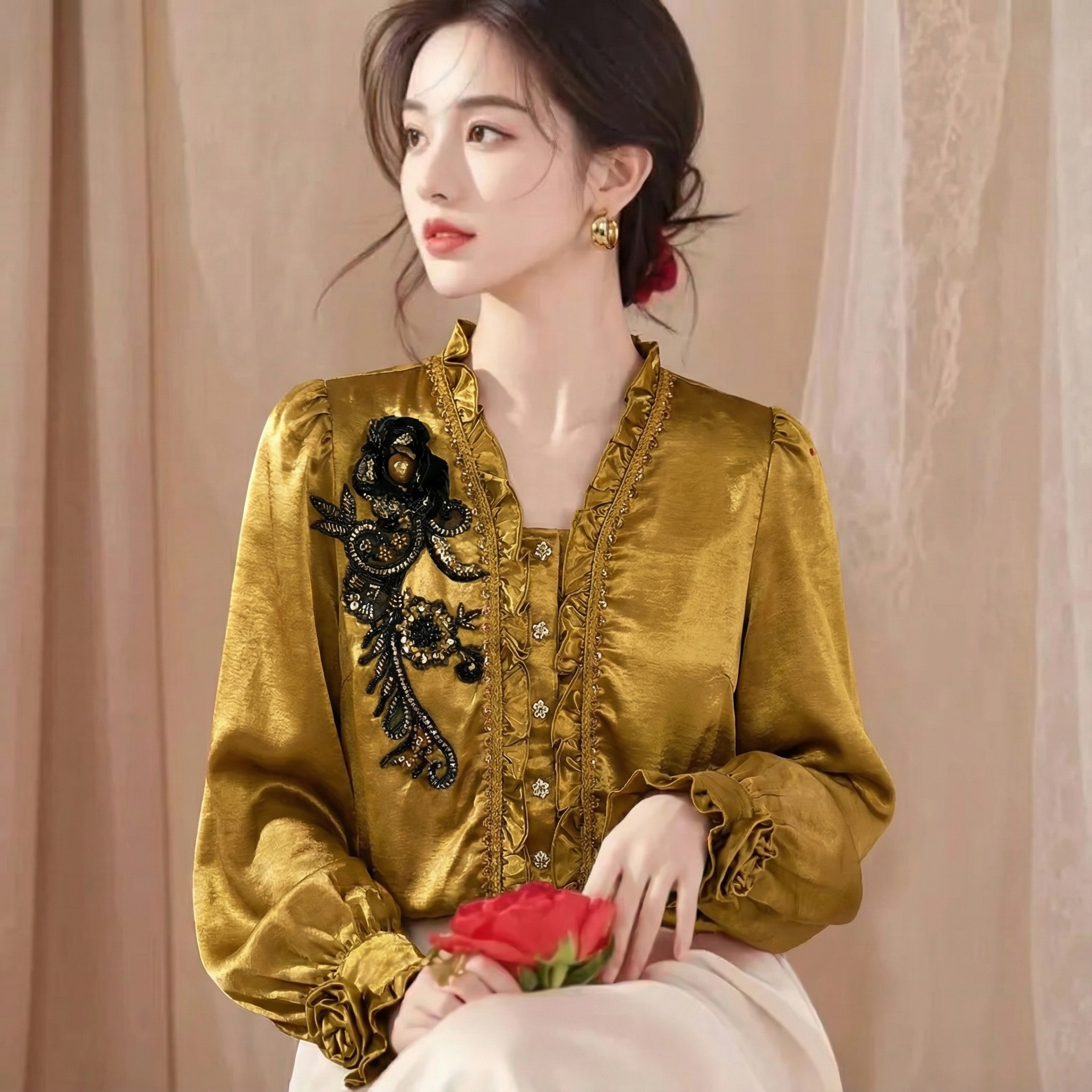 【芙娜妮】加绒2025秋冬百搭缎面上衣轻奢洋气打底保暖女F2531226A