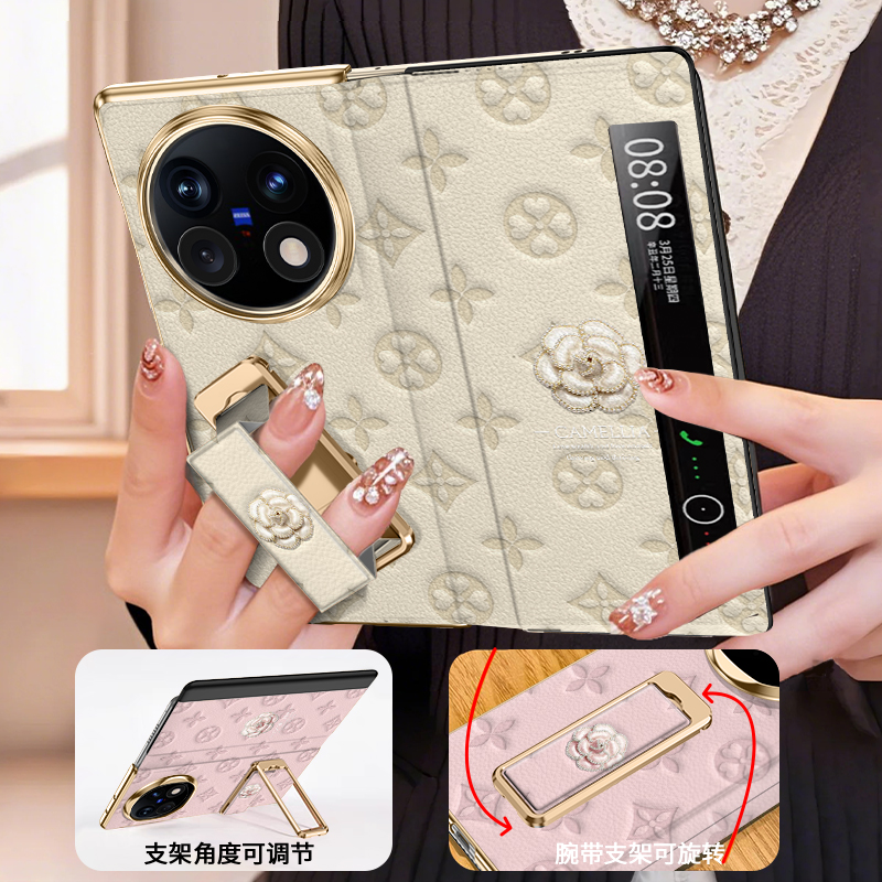 【腕带支架】轻奢印花山茶适用vivoxfold5手机壳折叠屏新款高级感女