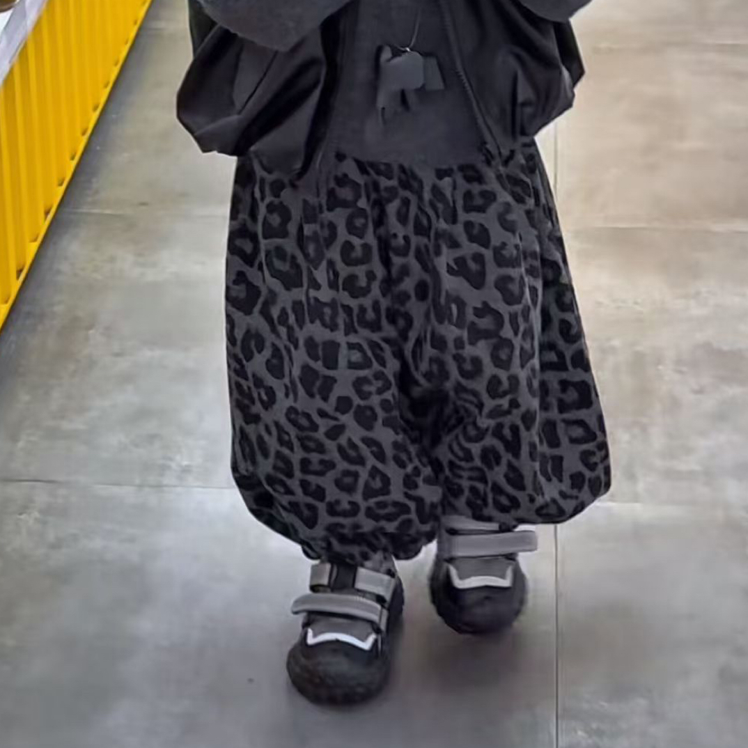 豹纹加绒裤子秋冬新款男女童韩版宽松加厚休闲运动长裤