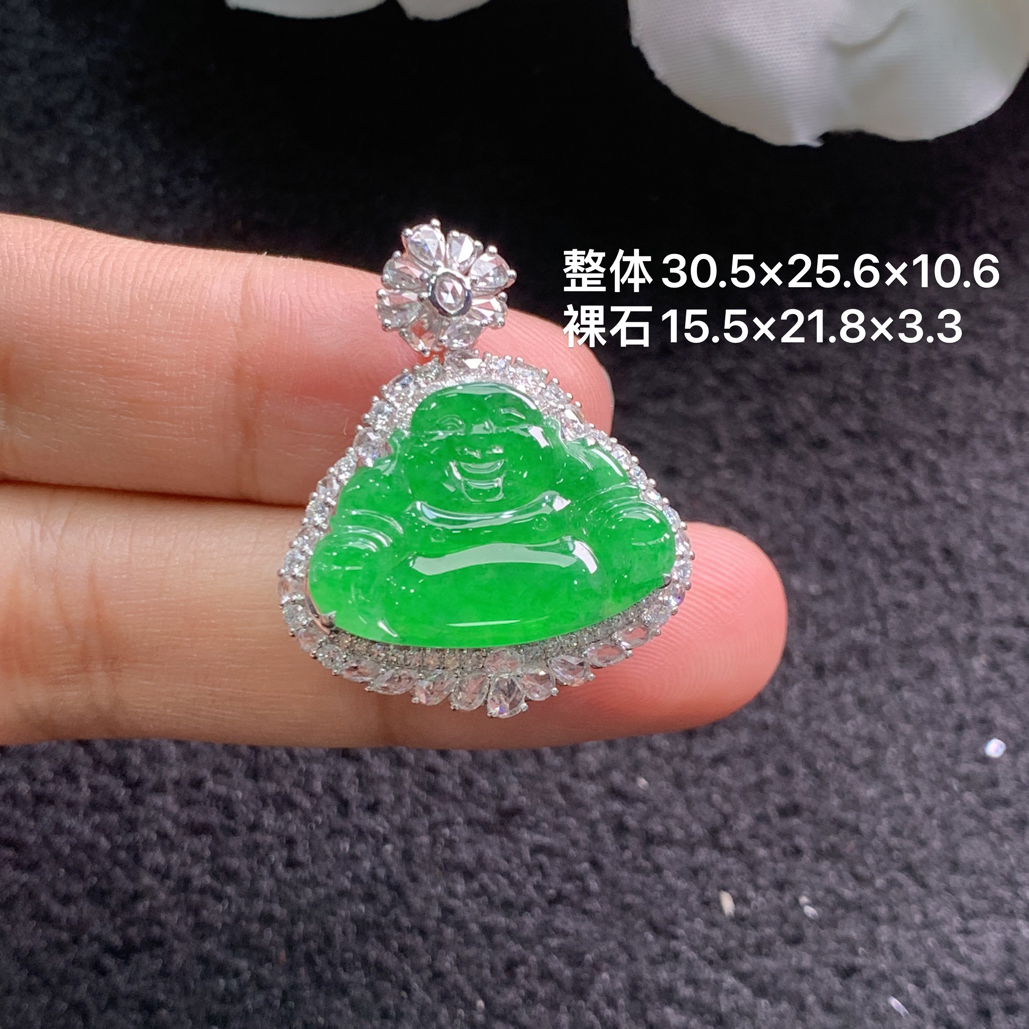 18k金镶嵌天然缅甸翡翠阳绿佛公吊30.5×25.6×10.6/15.5×21.8×3.3