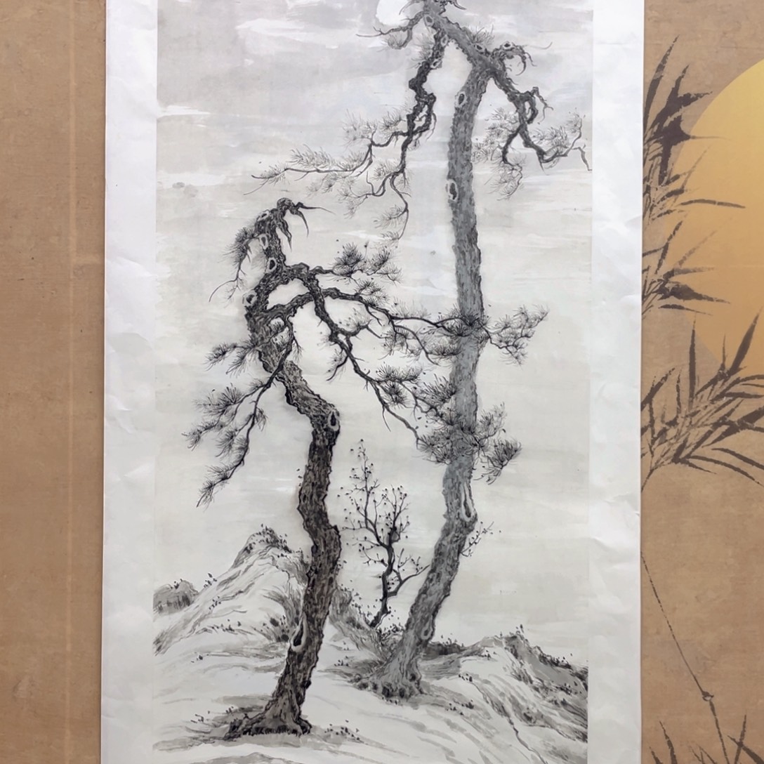 国画手绘国画，仿古山水古松