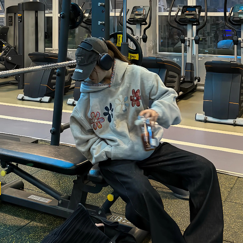 EU/EUSOUEU小花朵撞色贝壳刺绣连帽卫衣男款秋季潮牌情侣帽衫外套