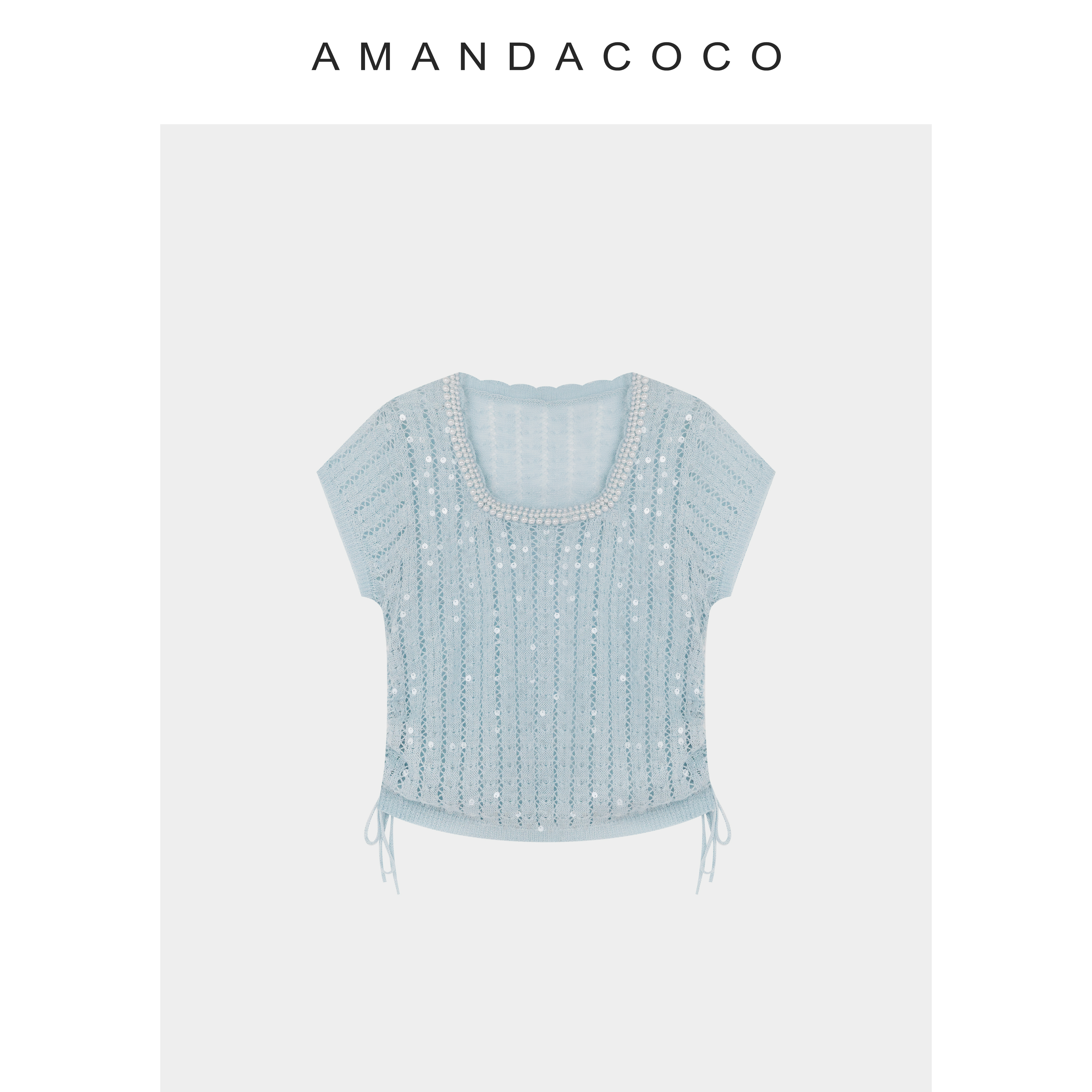 AMANDA灿灿#晴夏海风～夏季薄款钉珠方领显瘦镂空抽绳短袖针织