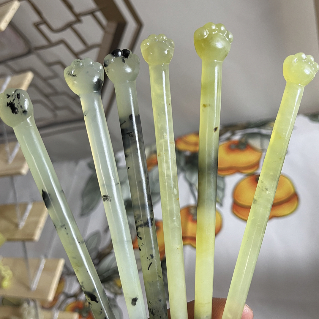 岫玉水墨猫爪发簪