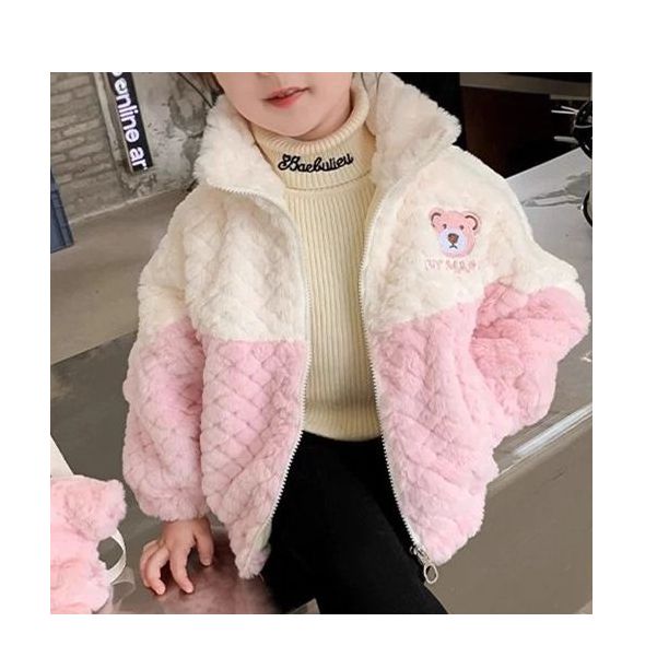 柳柳定制2025秋冬女童3690刺绣小熊款加绒毛毛外套中大童韩版童装