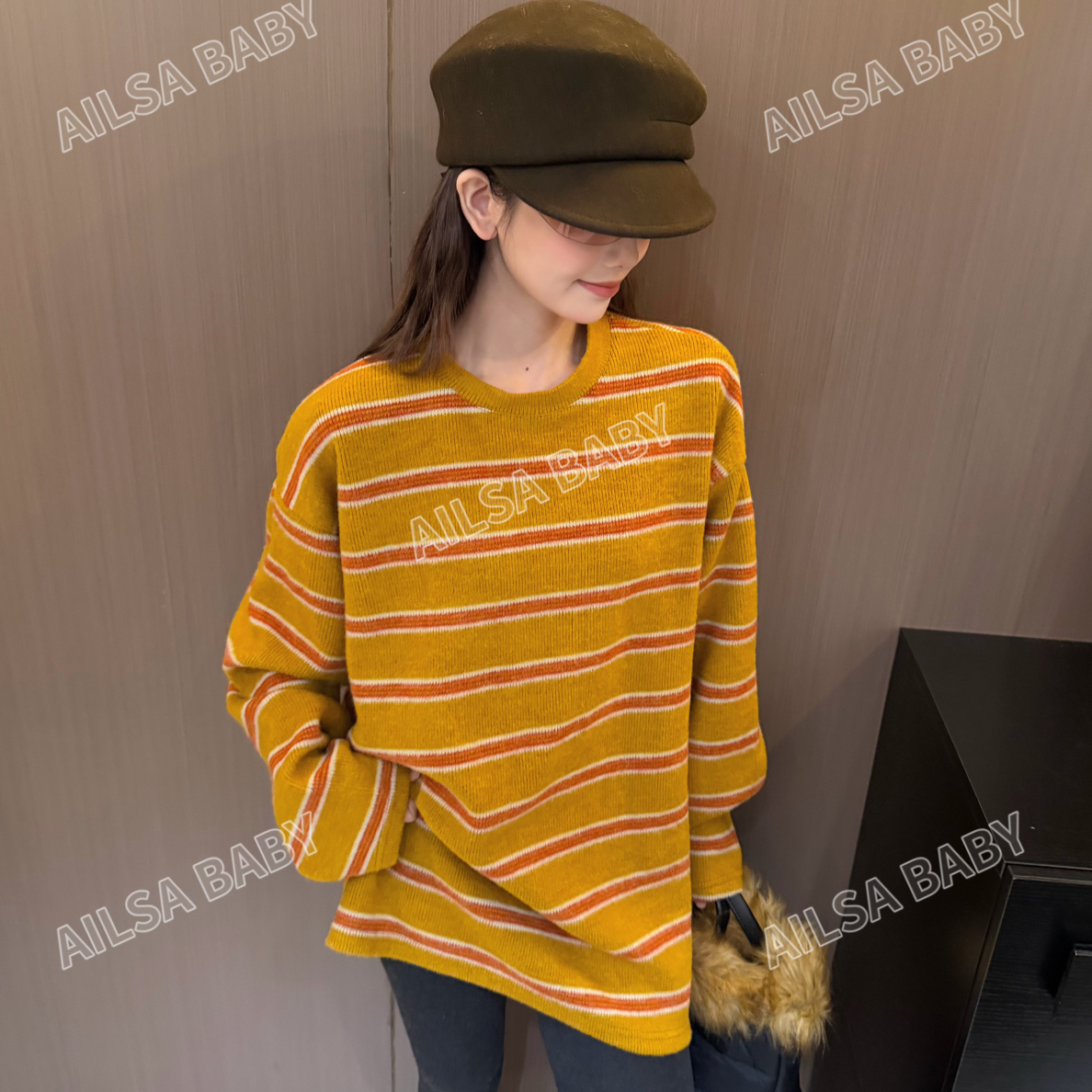 【AILSA BABY】欧货慵懒感百搭氛围感撞色条纹毛衣/103103A