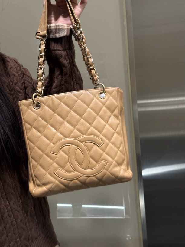 95新 Chanel/香奈儿 奶茶色荔枝纹单肩包优雅时尚托特包