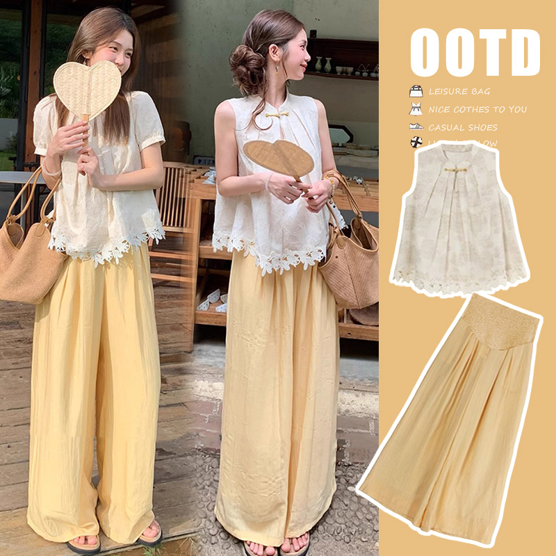 孕妇套装新款爆款复古新中式盘扣孕妇上衣+黄色托腹裤孕妇阔腿裤