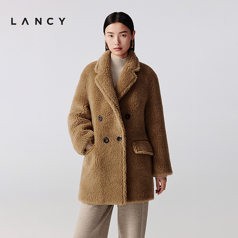 LANCY/朗姿时尚双排扣颗粒毛呢大衣高级感翻领外套女保暖秋冬