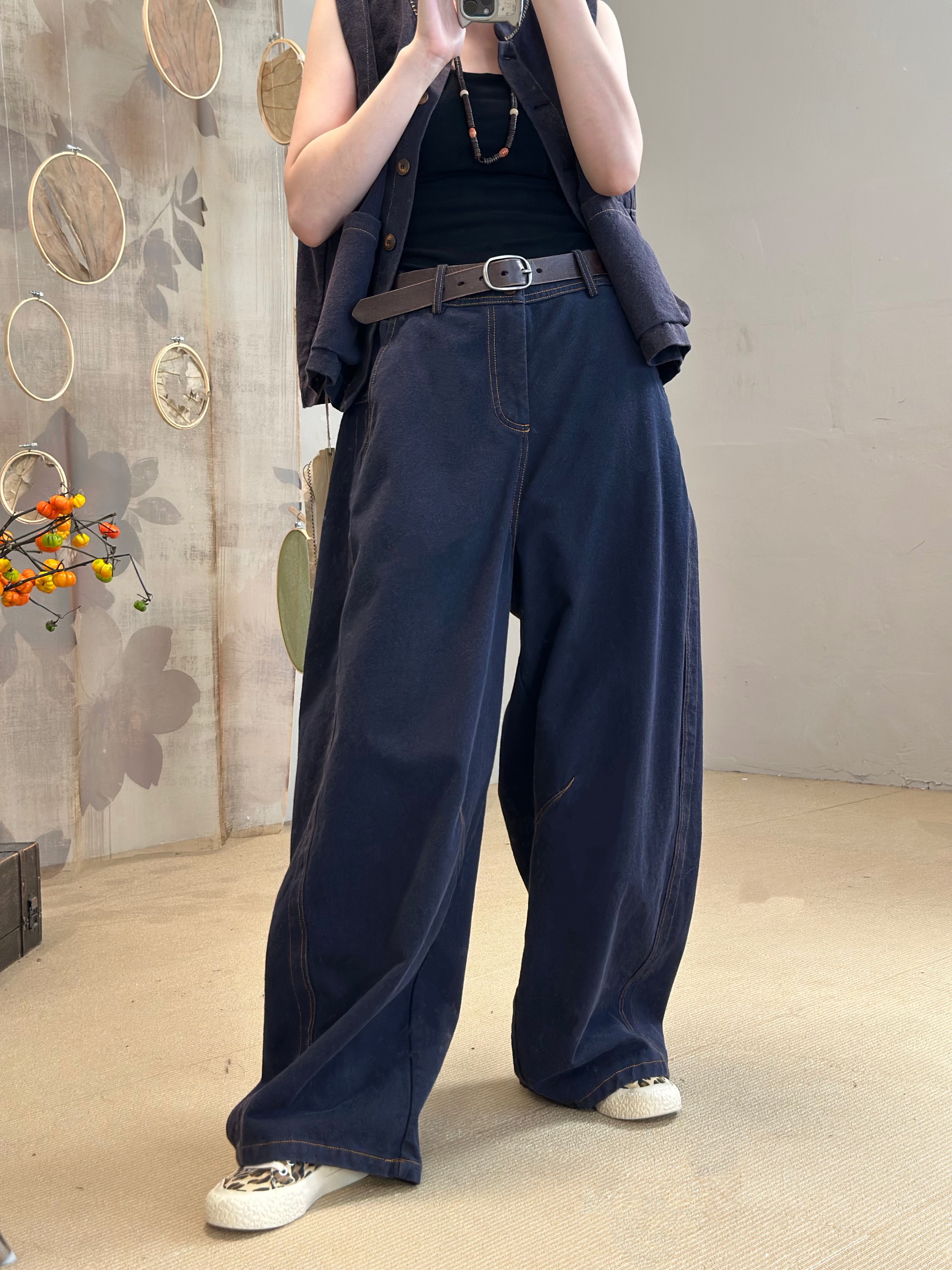 忆古朴拙240318-1复古休闲裤松紧做旧百搭春秋高腰长裤阔腿裤