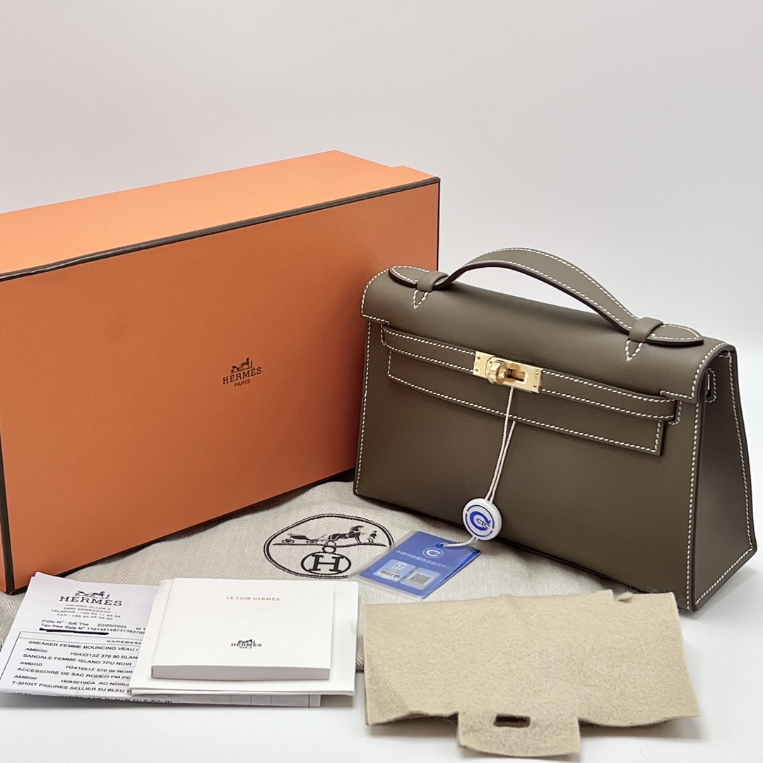 99新 Hermes/爱马仕 mini kelly 一代大象灰金扣手提包 31440