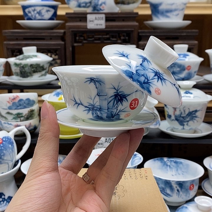 手绘竹子悬停盖碗150cc釉下彩微瑕福利款