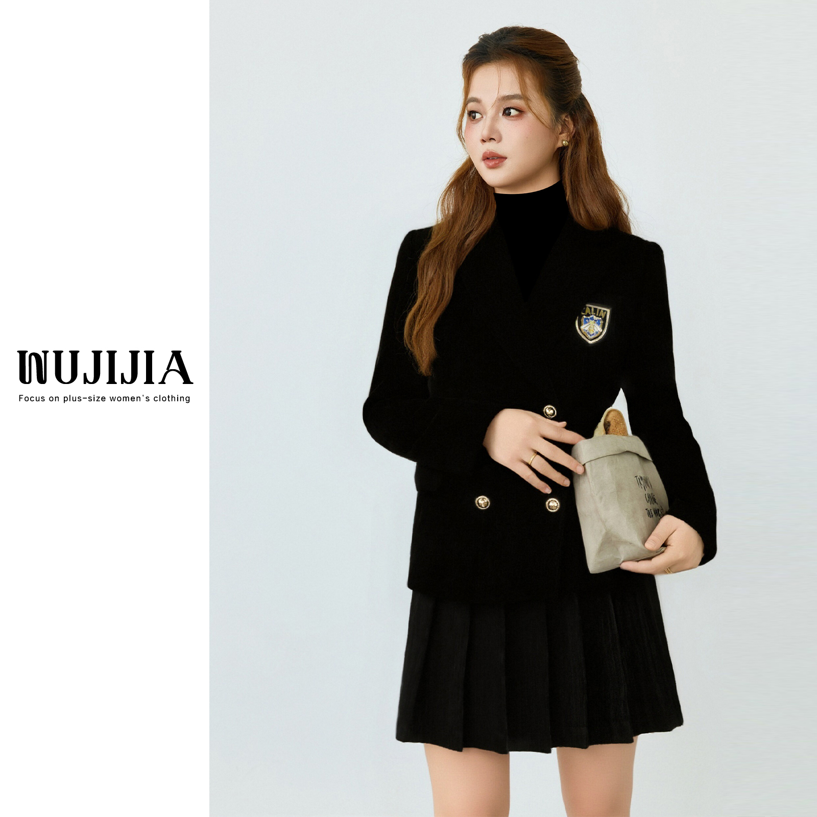 五季家秋冬新款气质显瘦黑色上衣+短裙两件套ZL112422套装秋季