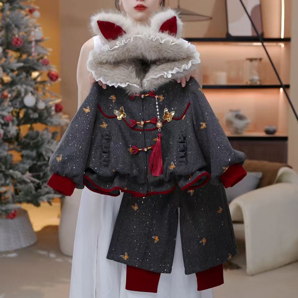 女童加绒冬季2025新款洋气儿童韩版呢子加厚女孩冬款两件套