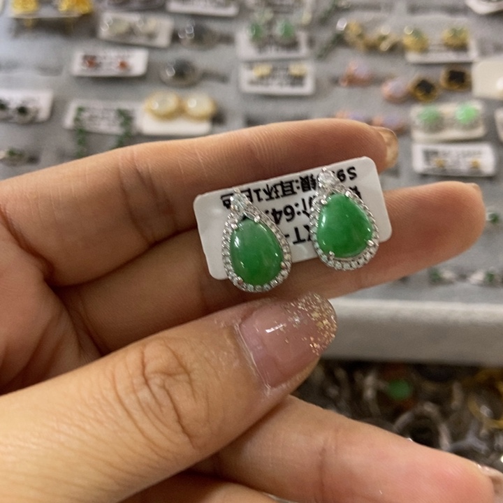 翡翠耳饰银S925镶嵌耳钉
