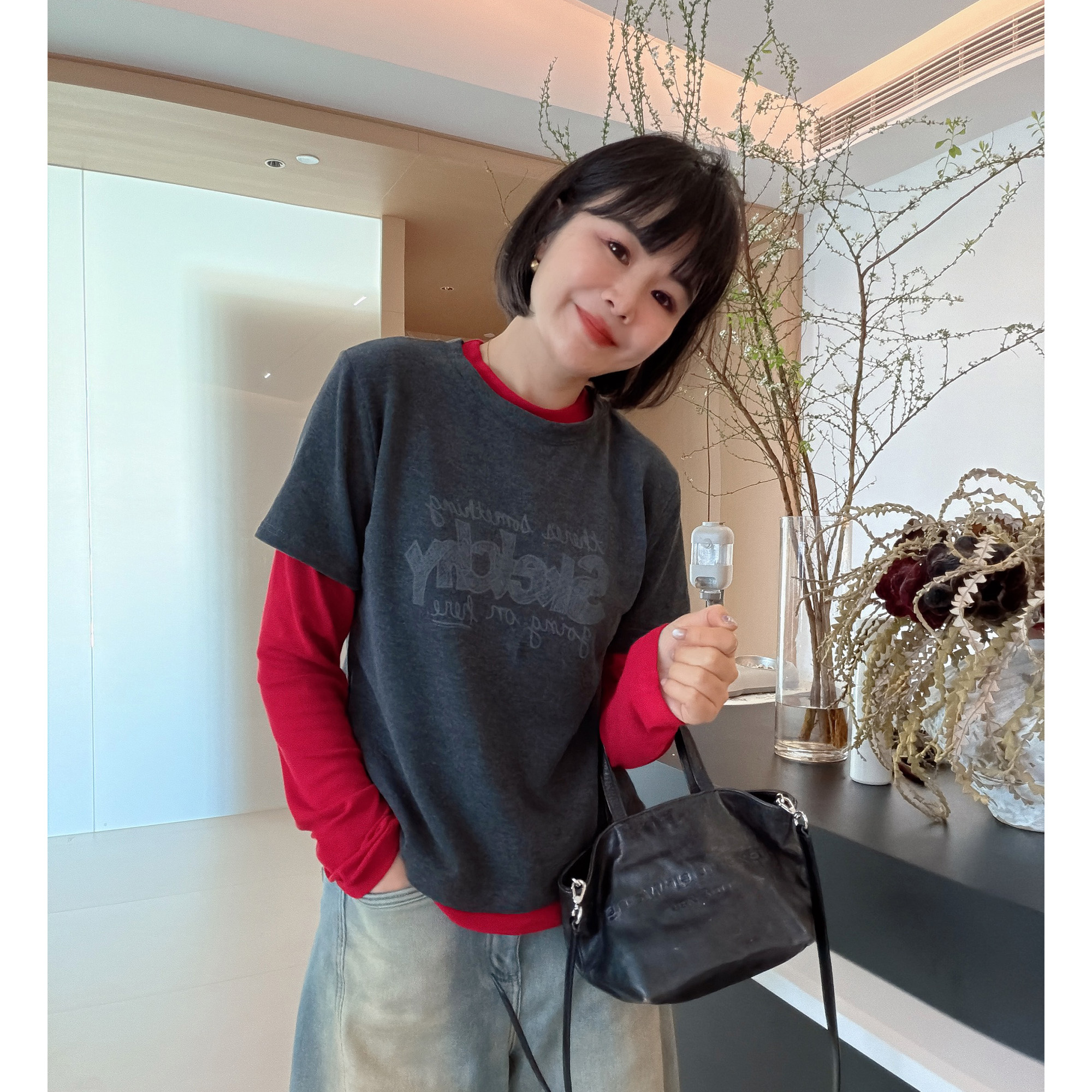 韩版休闲撞色拼接假两件字母时尚显瘦长袖T恤打底衫