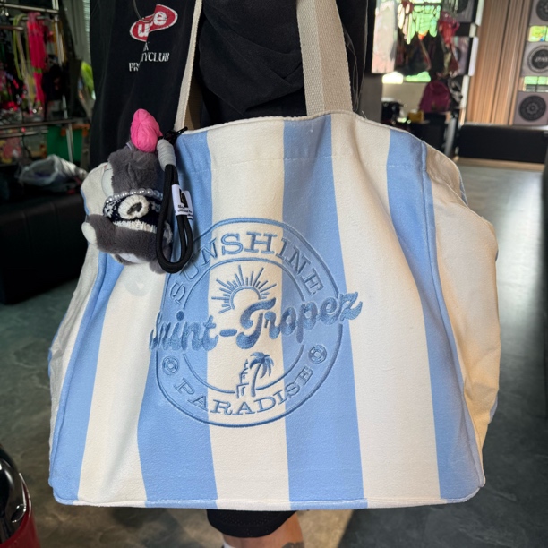 秋冬条纹色彩松弛感氛围ins日系环保毛巾料托特包