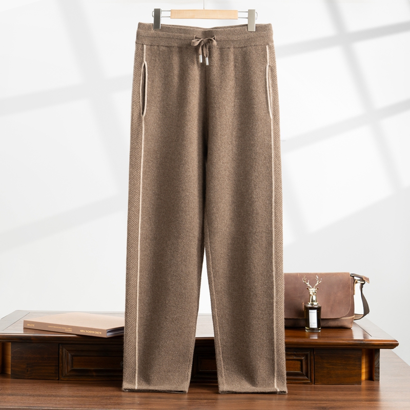 100%纯山羊绒男士蜂窝加厚秋冬高腰直筒撞色休闲裤外穿560-620g