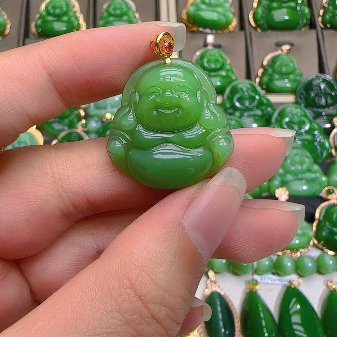 和田玉（碧玉）吊坠(不含链)18K金镶嵌