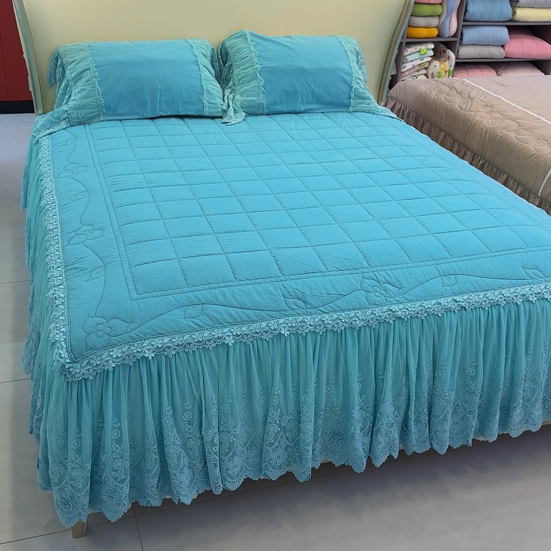 棉花纯棉砂洗梦幻蝶影床裙三件套湖蓝