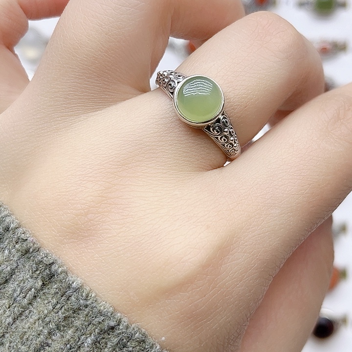 和田玉戒指银S925镶嵌天然