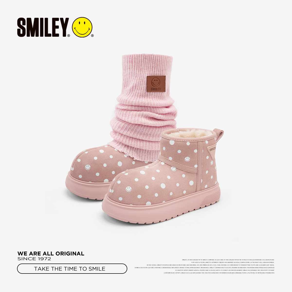 SMILEY笑脸冬季加绒雪地靴时尚复古波点增高女短靴休闲防滑面包鞋