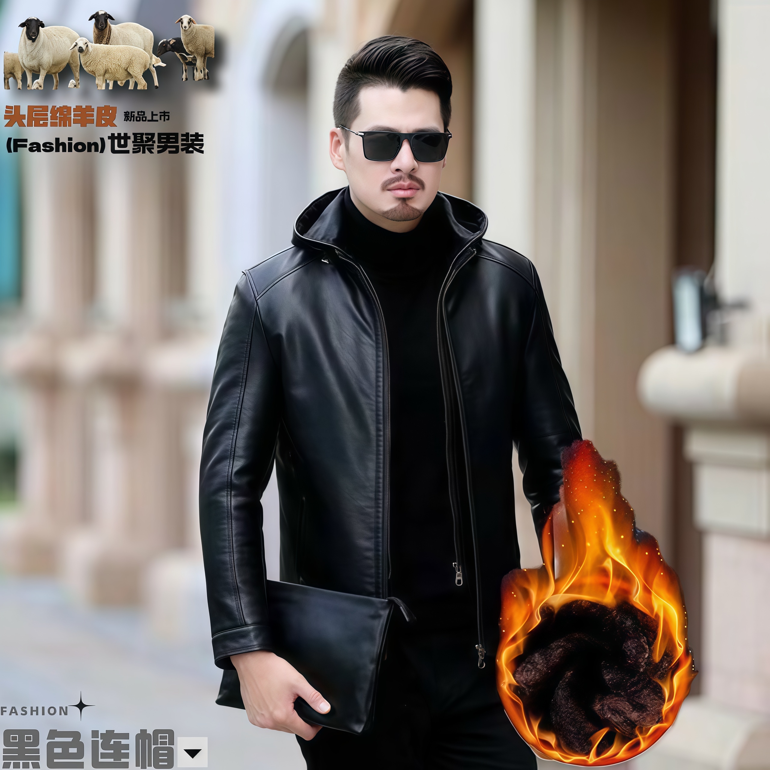 2025秋冬男士商务休闲高档保暖加绒绵羊皮夹克外套可脱卸连帽