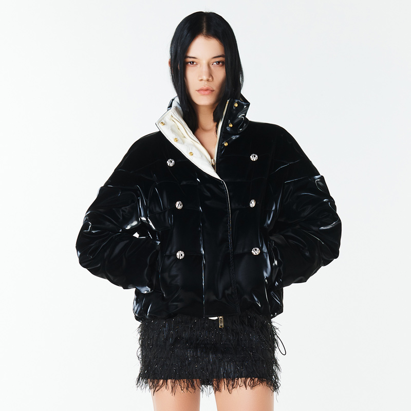 杰瑞【夜桂花树】韩国设计师秋冬新款双排扣短款光泽感亮面棉服