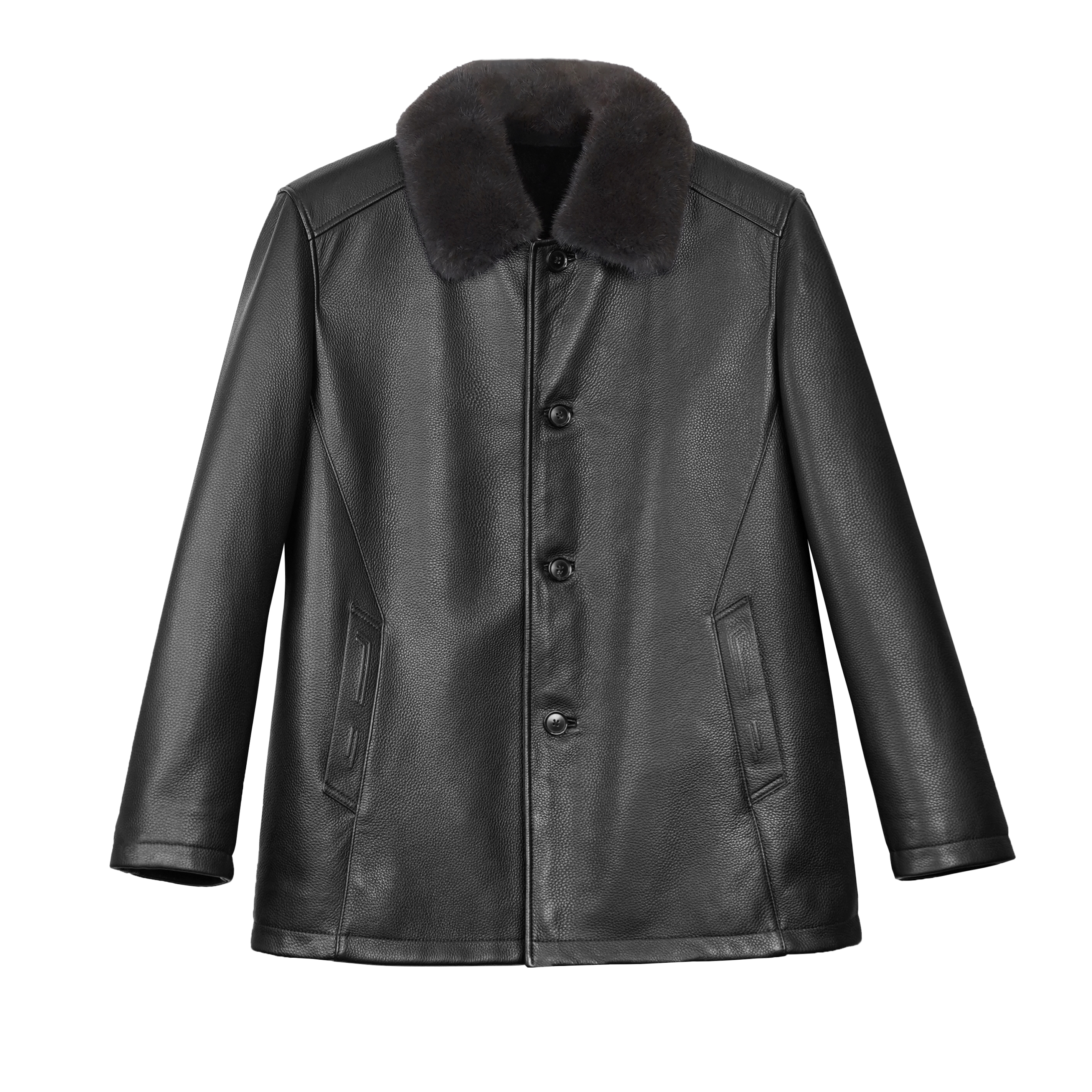 96006海宁皮衣男鹿皮纽扣翻领商务休闲貂绒内胆夹克外套