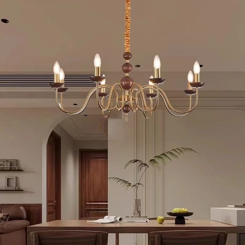 中古胡桃木色蜡烛客厅吊灯法式复古餐厅灯美式实木卧室书房吊灯