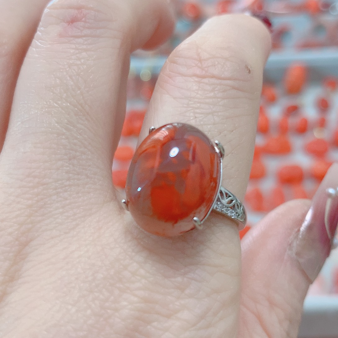 南红玛瑙戒指银S925镶嵌