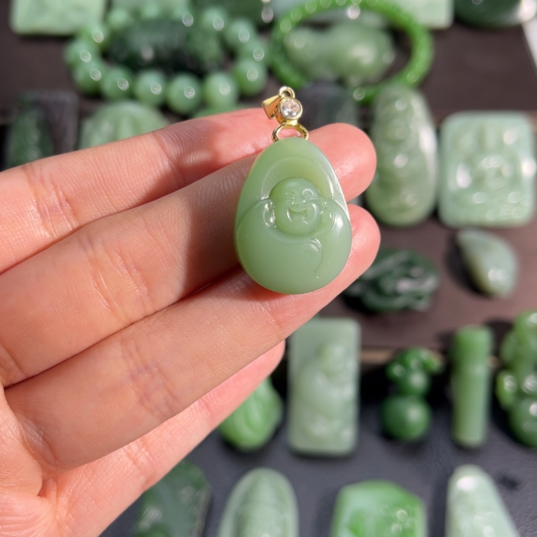 和田玉挂件银S925镶嵌粉青佛定制