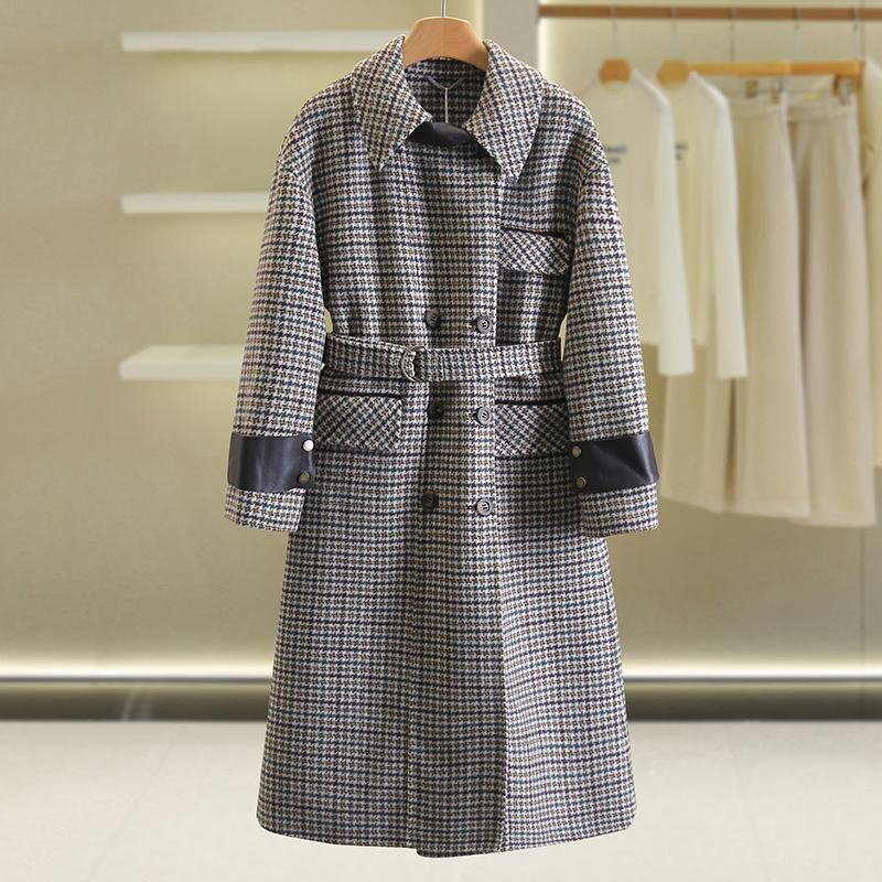 【伍莎-自营】双排扣格子中长款双面呢外套#ZMS48B005