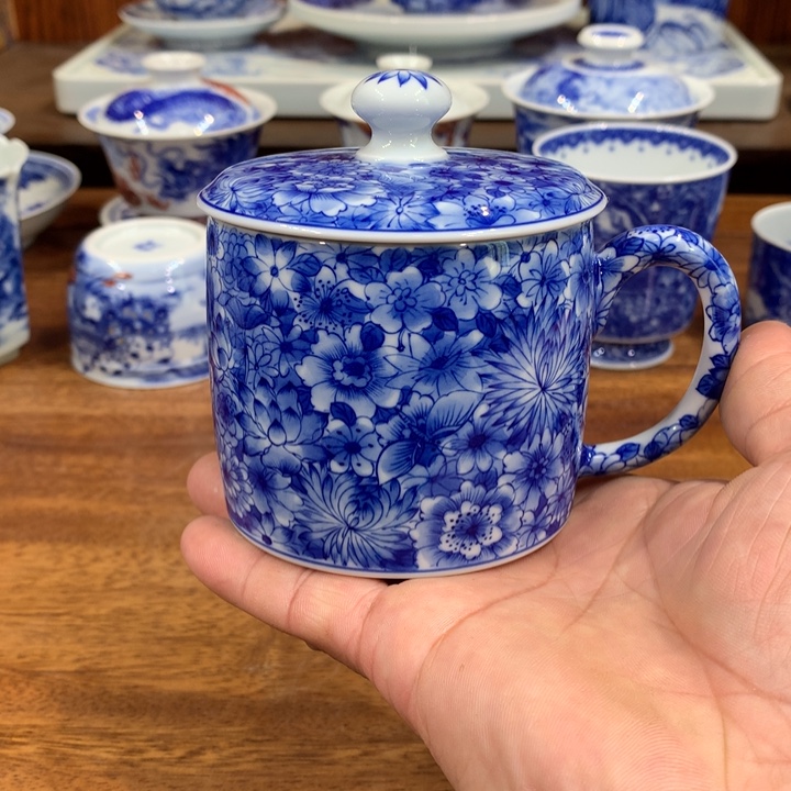 柴窑青花万花办公杯