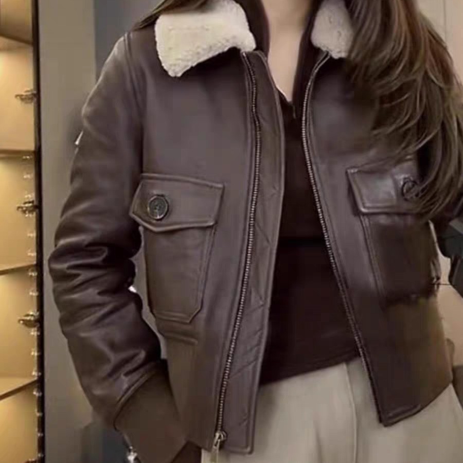 女士真皮休闲时尚短款羊羔毛领翻领口袋桑蚕丝棉皮夹克外套保暖