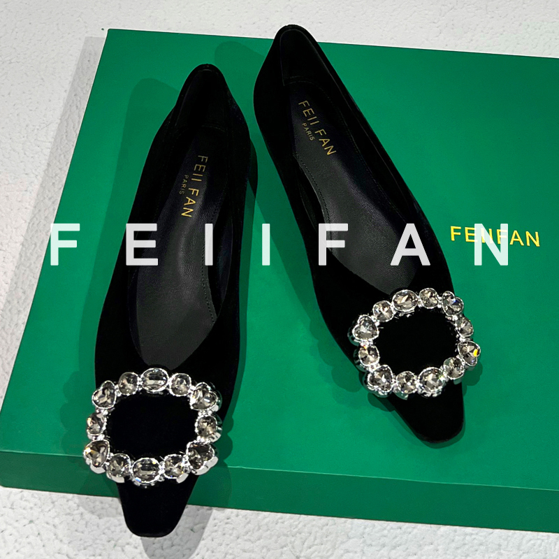 【现货】平底单鞋女2025秋冬新款水钻方扣法式绝美方头黑色鞋子6627