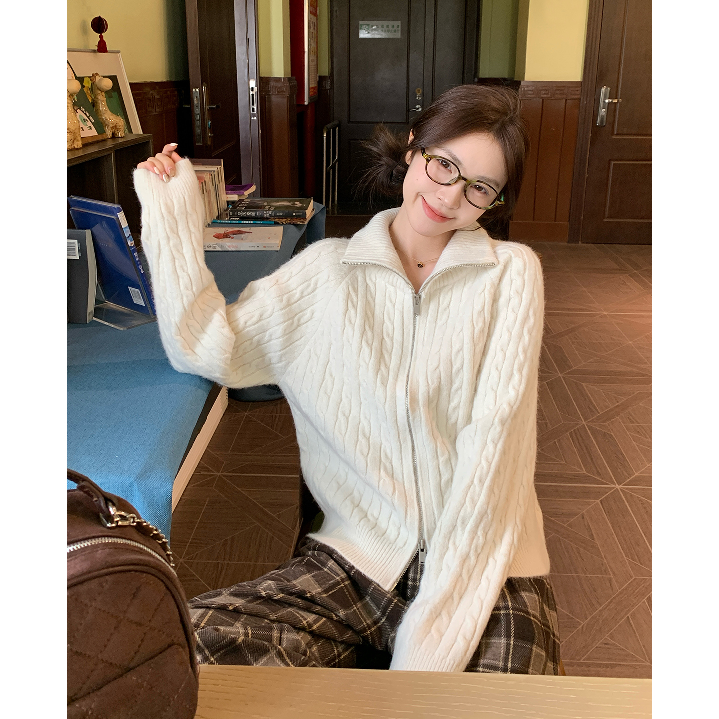morning bloom双拉链立领长袖针织衫毛衣女软糯加厚开衫外套上衣