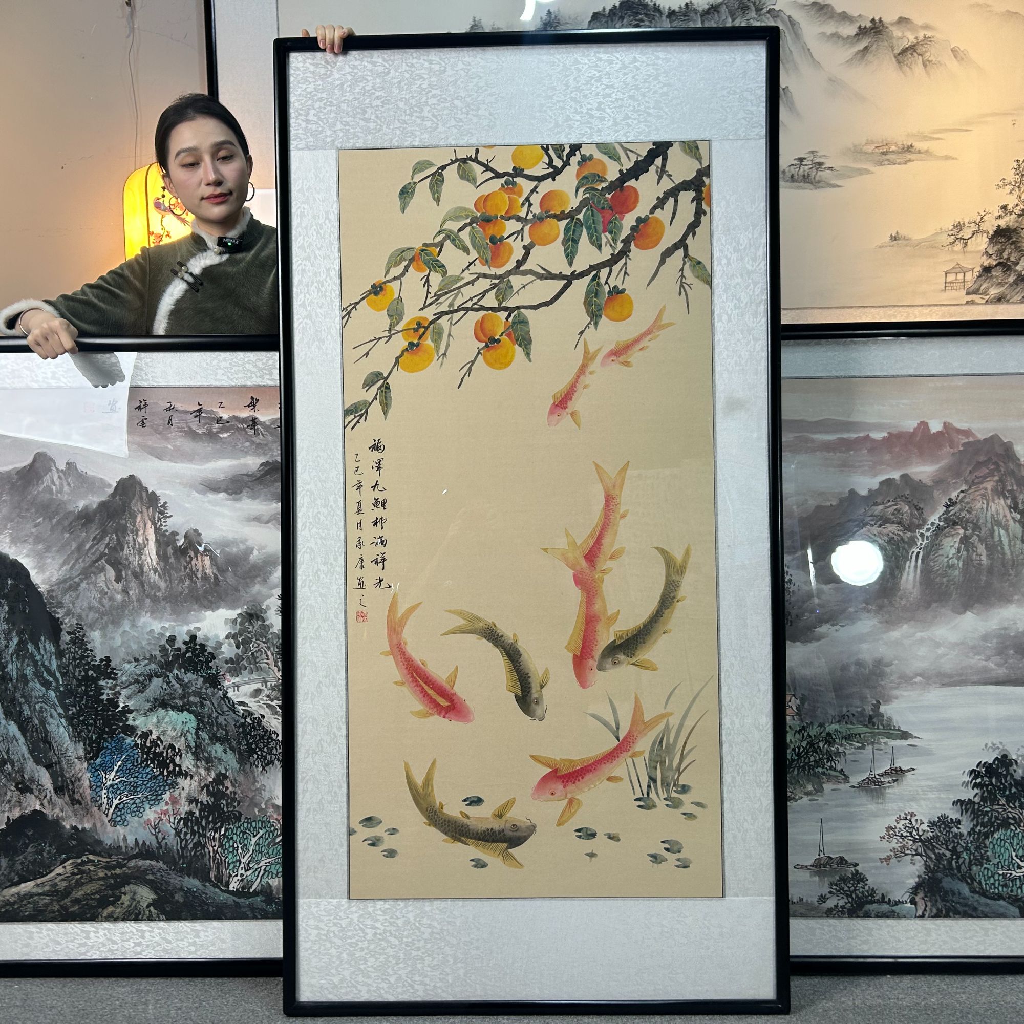 纯手绘-福泽九鲤168*86（玄关）新中式国画挂画