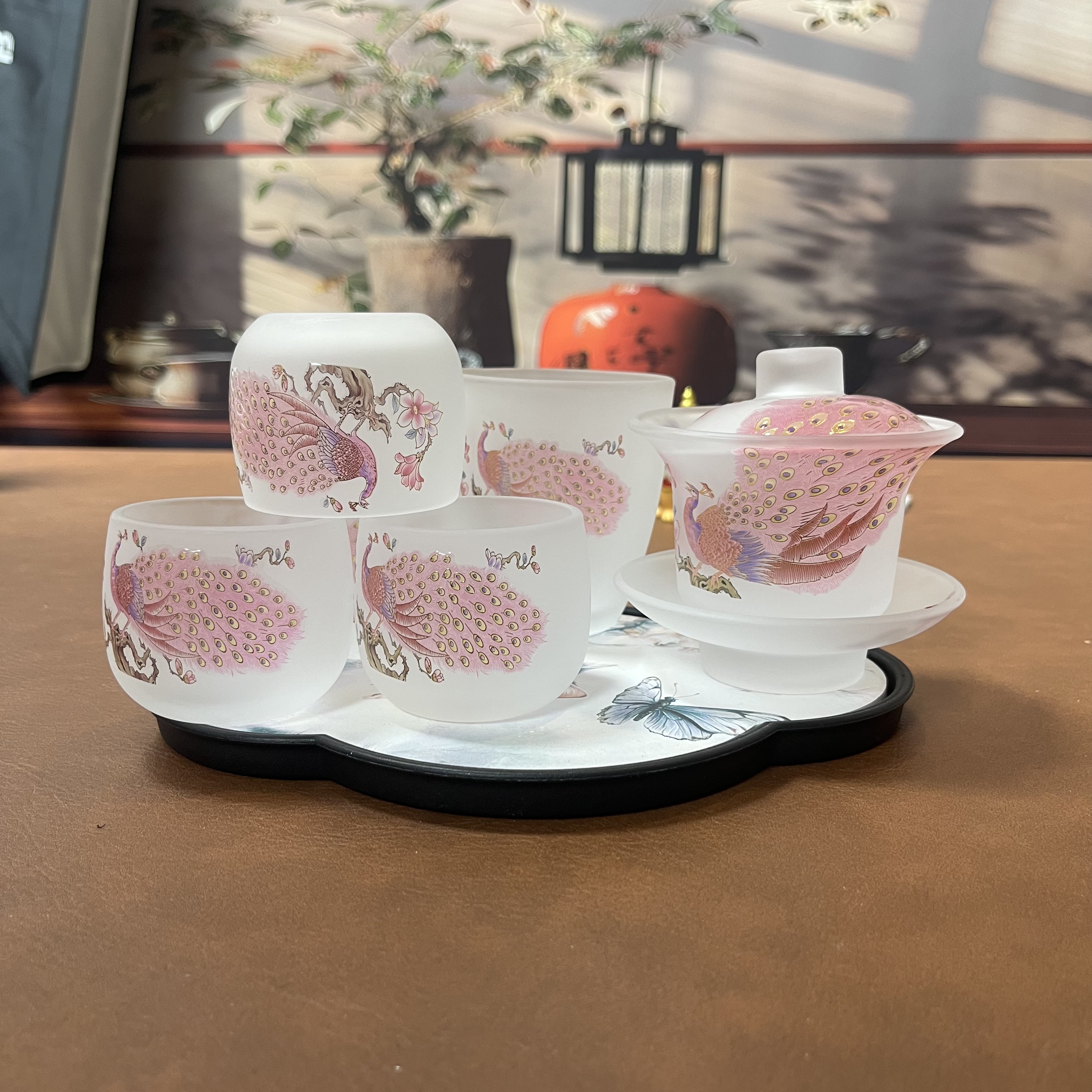 茶具 粉孔雀-蒙砂水晶-盖碗+四杯+猫咪吸水盘-3119