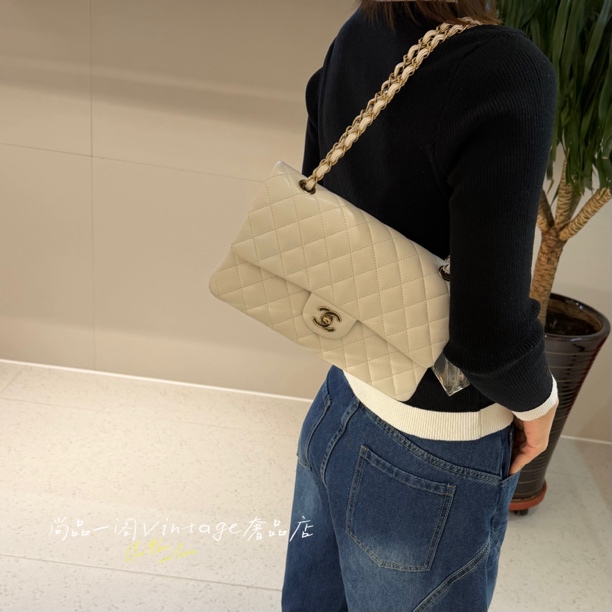 95新 Chanel/香奈儿 尚品一阁/cf 中号荔枝皮白金斜挎包 芯片