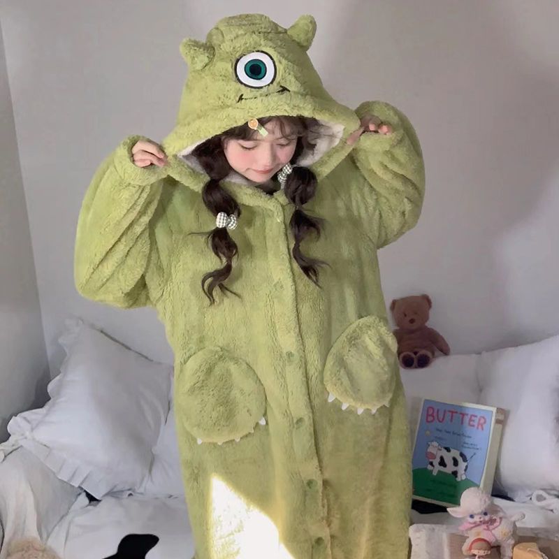 儿童秋冬睡衣珊瑚绒加绒加厚大眼仔浴睡袍中大童法兰绒家居服套装