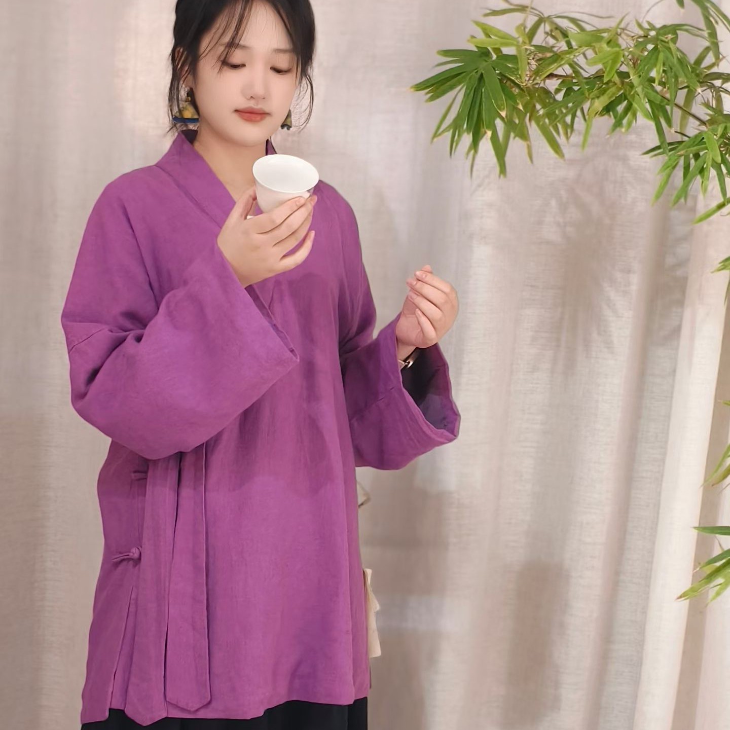 豫享 双层亚麻棉禅意中长款飘带汉服 练功服