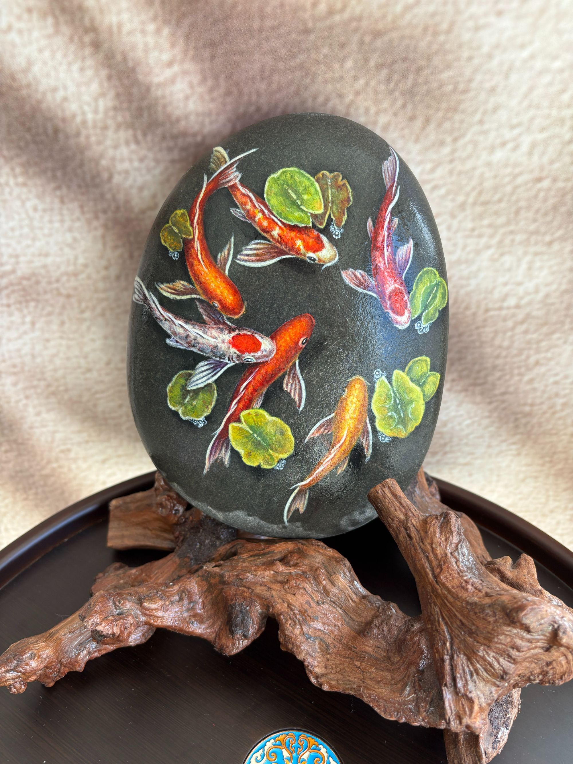 石载六锦添吉庆纯手工石头画，居家精美摆件送人皆宜    茶道