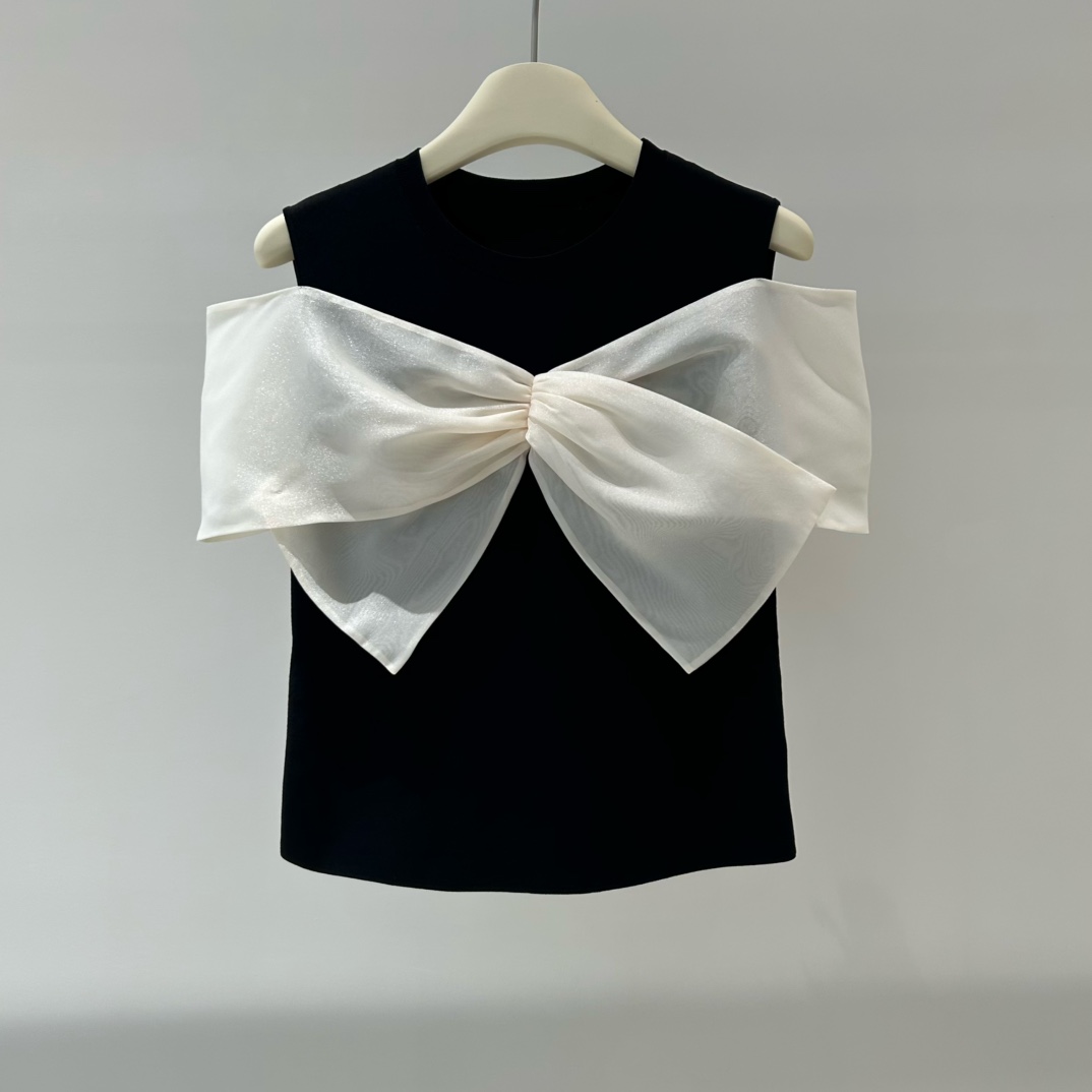 商场同款2025夏新款设计款蝴蝶结修身毛针织衫露肩上衣女3931时尚