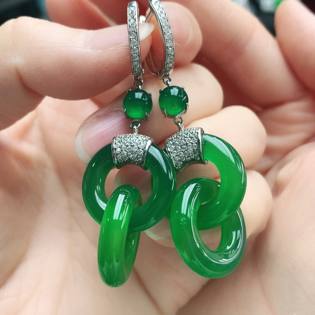 玛瑙/玉髓耳钉银S925镶嵌