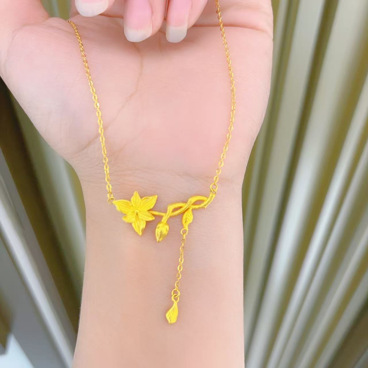 足金999双生花带滴流黄金套链时尚百搭黄金首饰项链