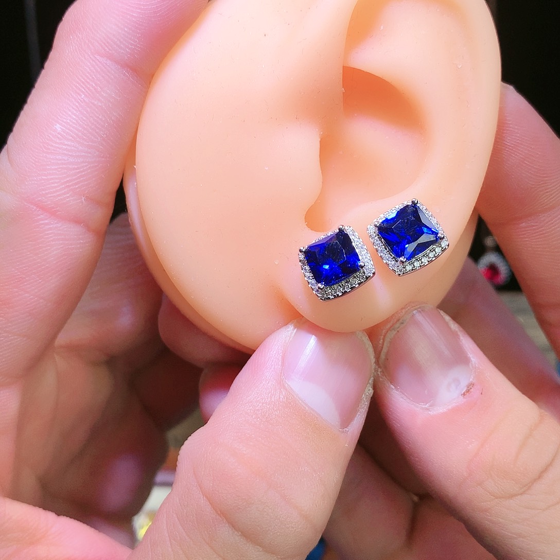 蓝宝石耳饰银S925镶嵌